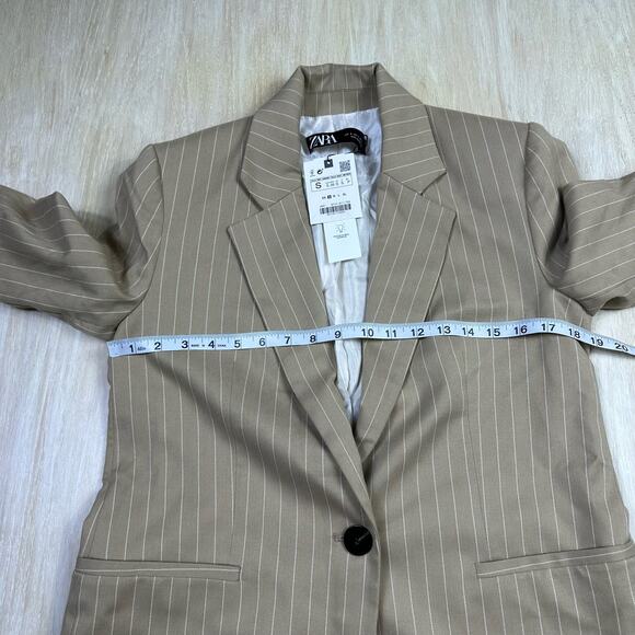 NWT Zara Beige Pin Stripe One Button Notch Lapel Trendy Chic Blazer Jacket Small - Picture 13 of 15